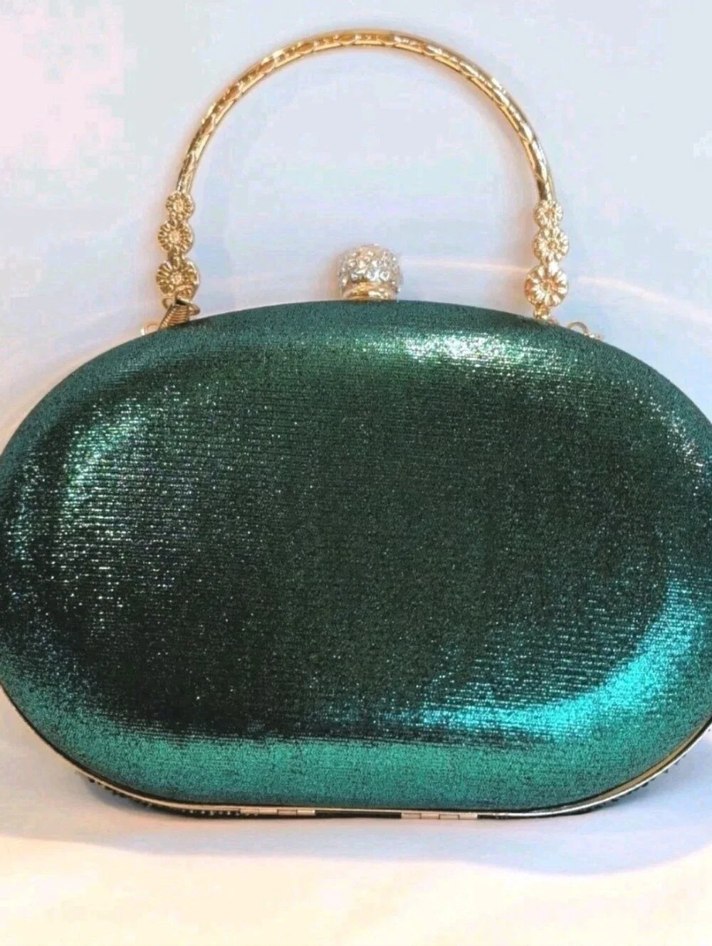 Purse Peacock Green & Blue Crystal Beaded Clutch Detachable Chain & Handle 8